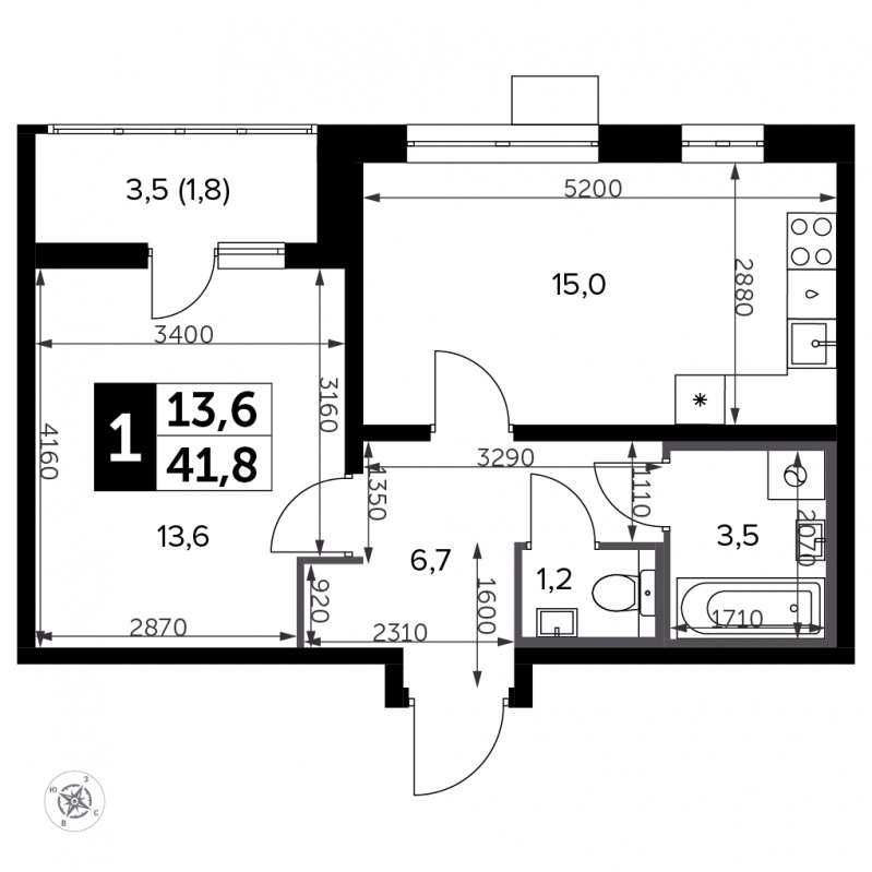 1-комнатная квартира с частичной отделкой, 41.8 м2, 4 этаж, сдача 3 квартал 2023 г., ЖК Южная Битца, корпус 11 - объявление 1947033 - фото №1