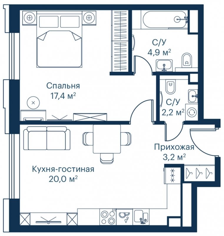1-комнатная квартира с частичной отделкой, 47.71 м2, 12 этаж, сдача 2 квартал 2023 г., ЖК City Bay, корпус Indian Ocean 7 - объявление 1713061 - фото №1