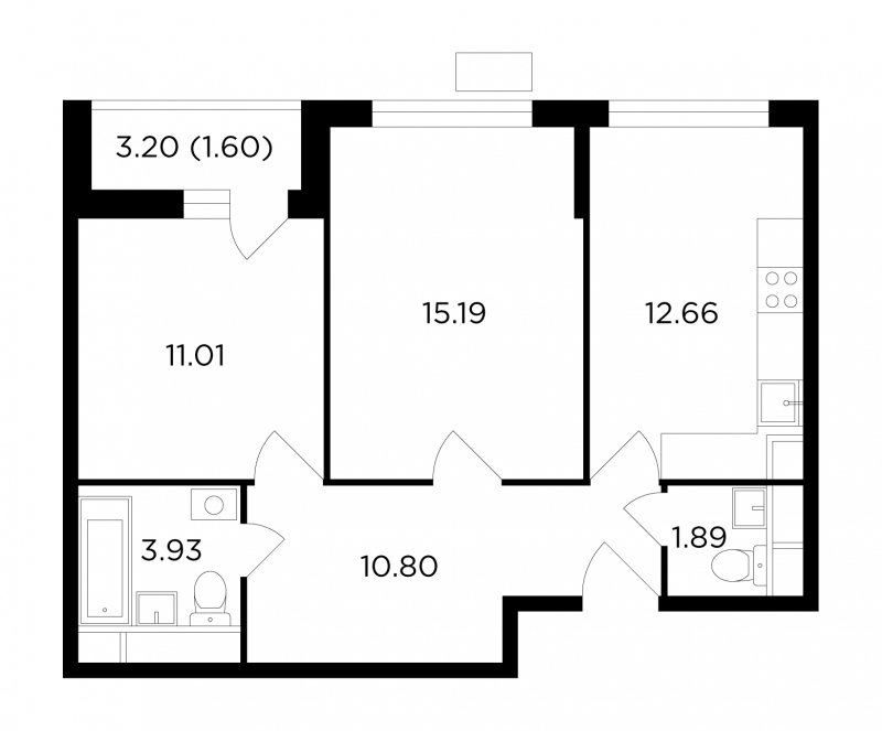 2-комнатная квартира без отделки, 57.08 м2, 10 этаж, сдача 4 квартал 2022 г., ЖК VESNA, корпус 3 - объявление 1719646 - фото №1