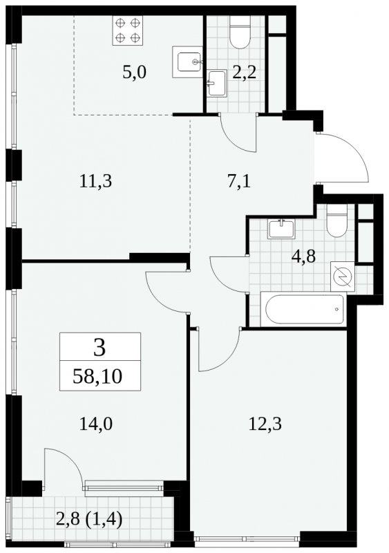 3-комнатная квартира (евро) без отделки, 58.1 м2, 18 этаж, сдача 2 квартал 2025 г., ЖК Южные сады, корпус 2.4 - объявление 1760489 - фото №1