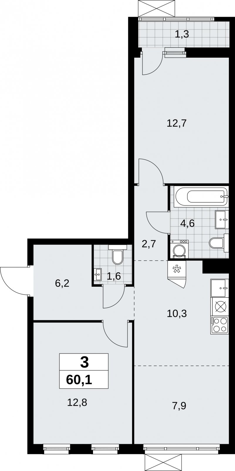 3-комнатная квартира (евро) с полной отделкой, 60.1 м2, 5 этаж, сдача 3 квартал 2026 г., ЖК Дзен-кварталы, корпус 6.1.3 - объявление 2328026 - фото №1