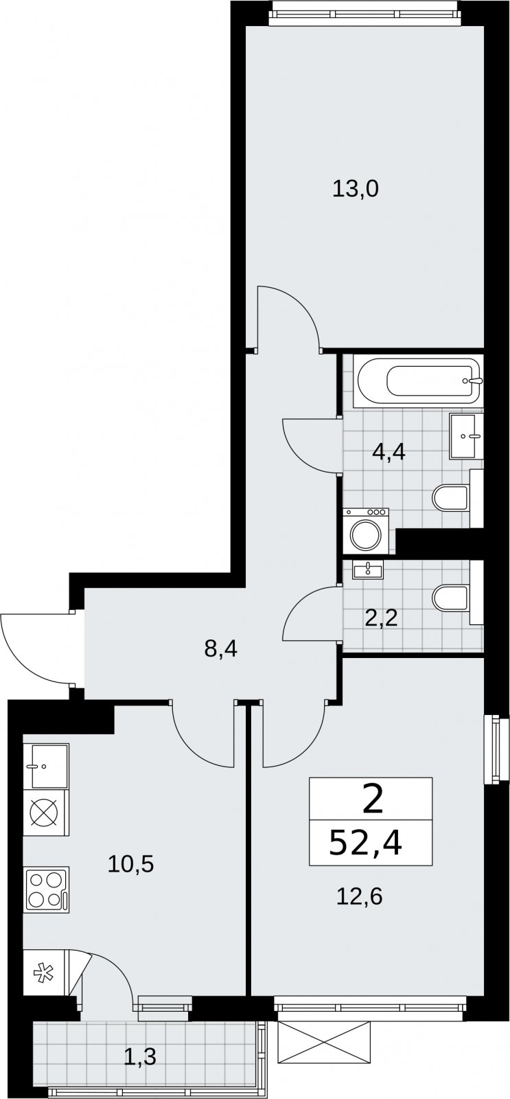 2-комнатная квартира без отделки, 52.4 м2, 14 этаж, сдача 2 квартал 2026 г., ЖК Бунинские кварталы, корпус 7.3 - объявление 2313814 - фото №1