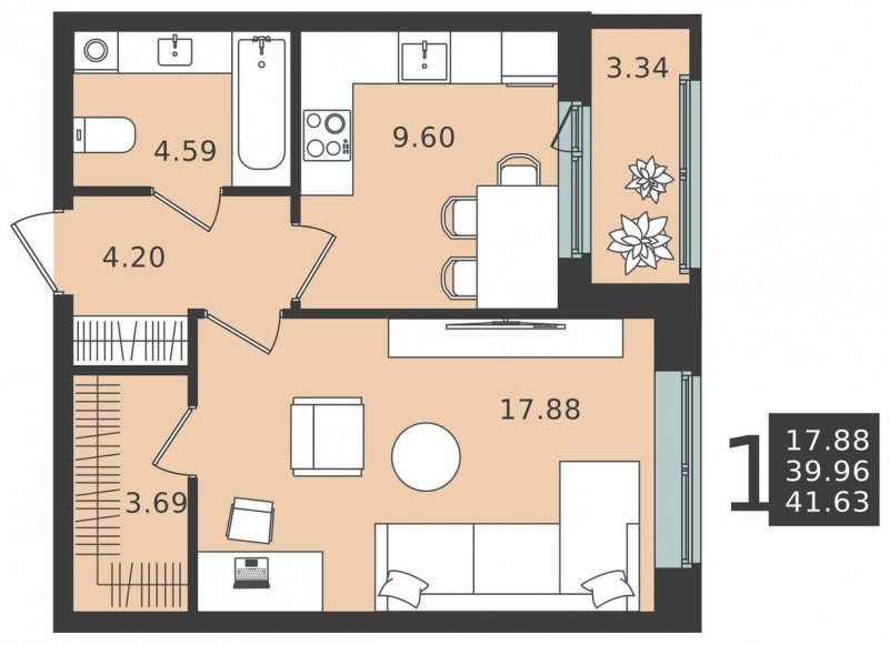 1-комнатная квартира без отделки, 41.63 м2, 1 этаж, сдача 1 квартал 2024 г., ЖК Мишино-2, корпус 5 - объявление 1948328 - фото №1