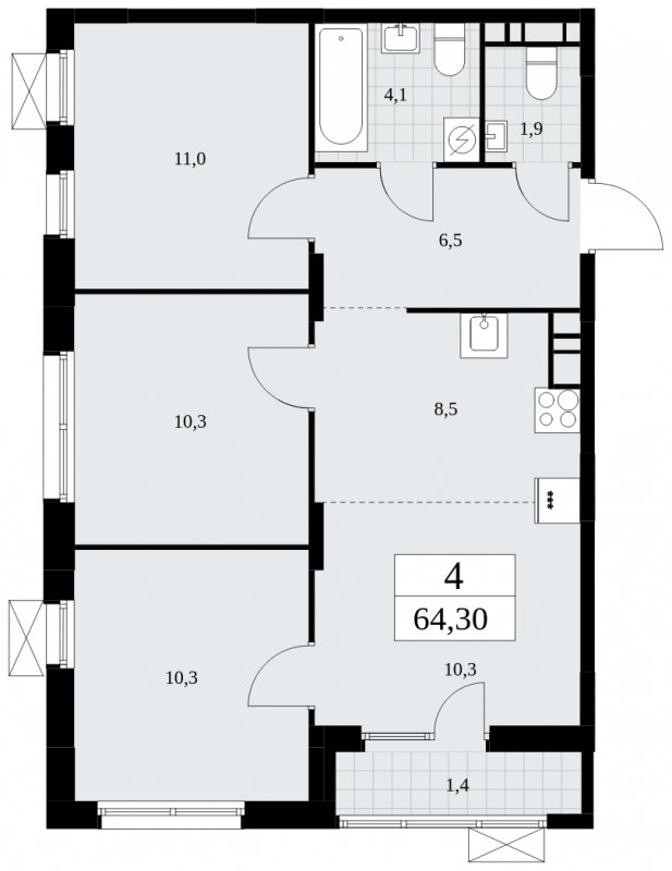 4-комнатная квартира (евро) без отделки, 64.3 м2, 8 этаж, сдача 1 квартал 2025 г., ЖК Дзен-кварталы, корпус 1.4 - объявление 1896152 - фото №1