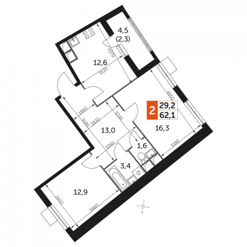 2-комнатная квартира с частичной отделкой, 62.1 м2, 15 этаж, сдача 3 квартал 2023 г., ЖК UP-квартал Римский, корпус 7 - объявление 1776692 - фото №1