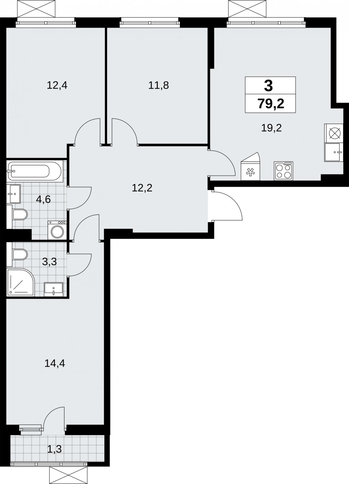 3-комнатная квартира без отделки, 79.2 м2, 3 этаж, сдача 2 квартал 2026 г., ЖК Бунинские кварталы, корпус 9.1 - объявление 2323958 - фото №1