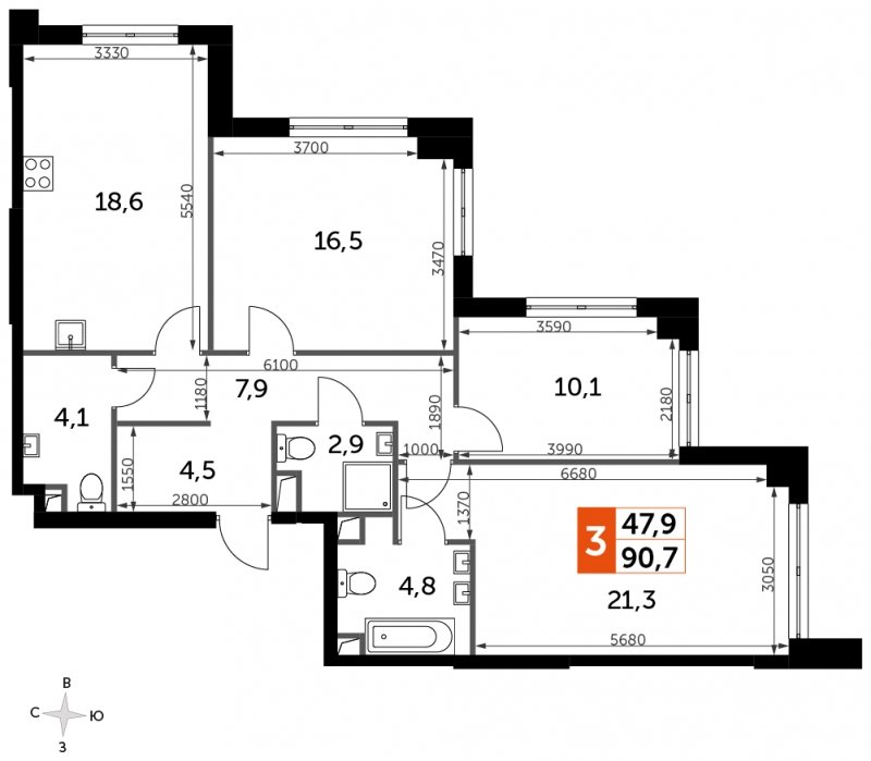 3-комнатная квартира с частичной отделкой, 90.7 м2, 29 этаж, сдача 3 квартал 2024 г., ЖК Sydney City, корпус 2.2 - объявление 1710702 - фото №1