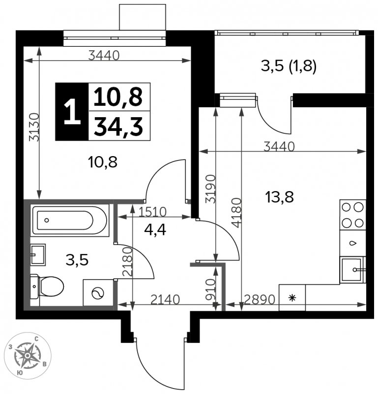 1-комнатная квартира с частичной отделкой, 34.3 м2, 12 этаж, сдача 3 квартал 2023 г., ЖК Южная Битца, корпус 11 - объявление 1697332 - фото №1