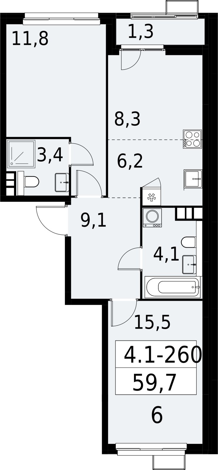 3-комнатная квартира (евро) с полной отделкой, 59.7 м2, 10 этаж, сдача 2 квартал 2027 г., ЖК Южные сады, корпус 4.1.2 - объявление 2392774 - фото №1