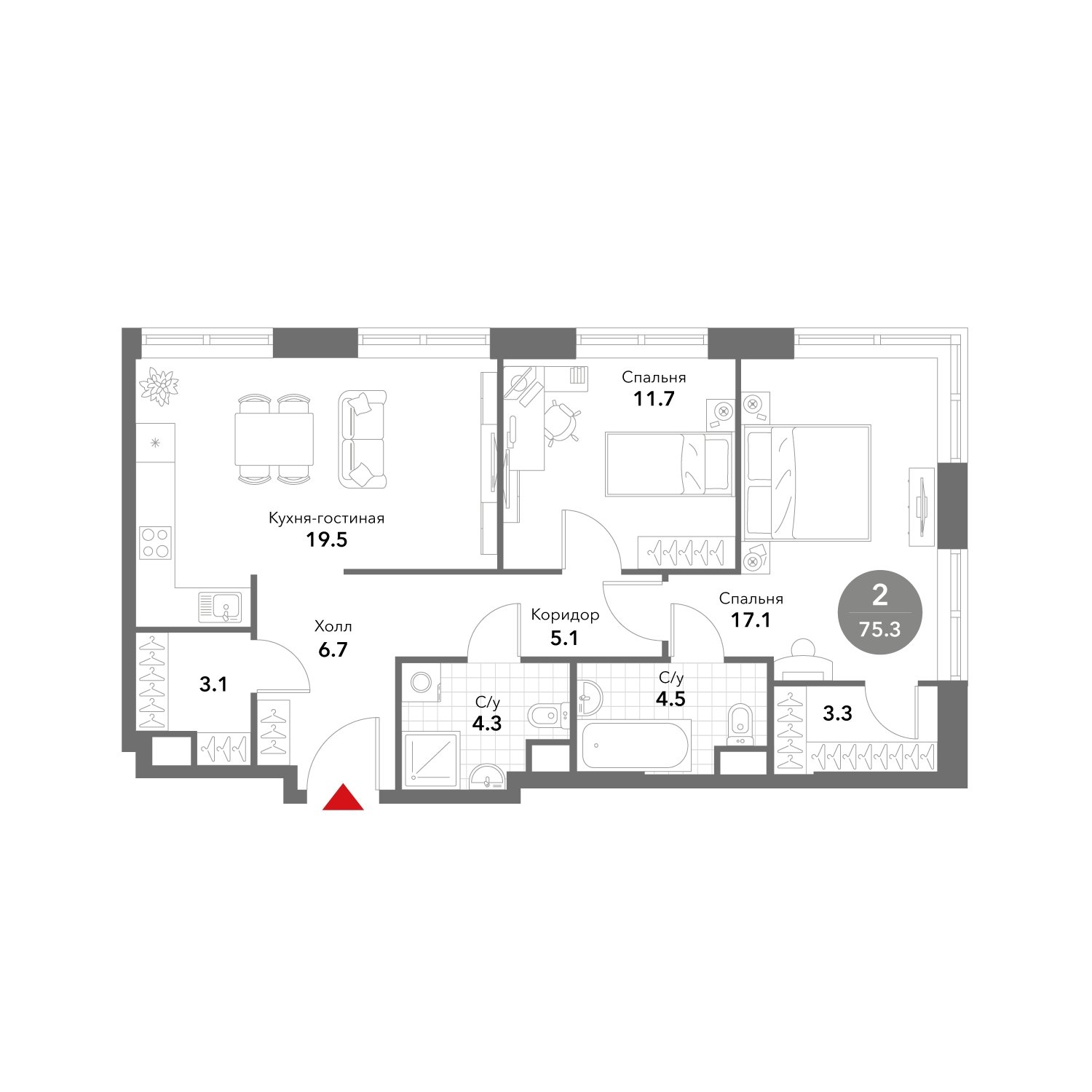 2-комнатная квартира без отделки, 75.3 м2, 10 этаж, сдача 3 квартал 2025 г., ЖК VOXHALL, корпус 2 - объявление 2158275 - фото №1