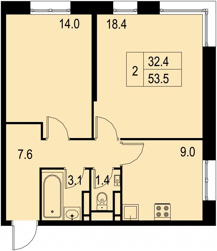 2-комнатная квартира без отделки, 54.1 м2, 1 этаж, дом сдан, ЖК Новая Щербинка, корпус 14 - объявление 1782571 - фото №1