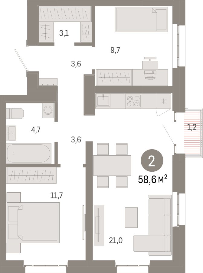 2-комнатная квартира с частичной отделкой, 58.6 м2, 13 этаж, сдача 3 квартал 2026 г., ЖК Квартал Метроном, корпус 1 - объявление 2358174 - фото №1
