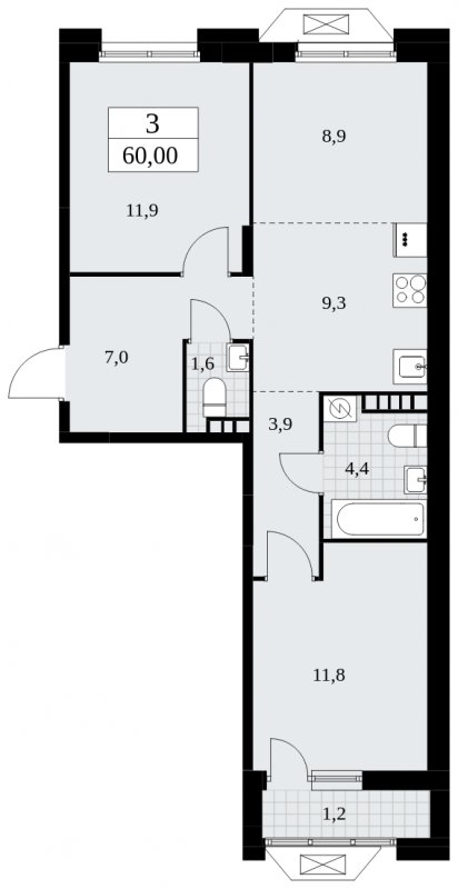 3-комнатная квартира (евро) без отделки, 60 м2, 6 этаж, сдача 1 квартал 2025 г., ЖК Бунинские кварталы, корпус 1.3 - объявление 1834647 - фото №1
