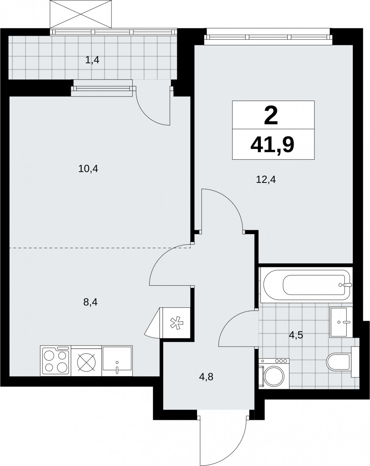 2-комнатная квартира (евро) без отделки, 41.9 м2, 3 этаж, сдача 1 квартал 2026 г., ЖК Дзен-кварталы, корпус 6.2.1 - объявление 2328572 - фото №1
