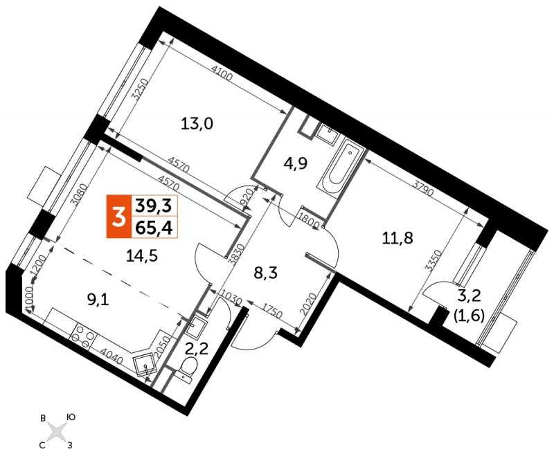 3-комнатная квартира без отделки, 65.4 м2, 2 этаж, сдача 4 квартал 2023 г., ЖК Датский квартал, корпус 2 - объявление 1612141 - фото №1