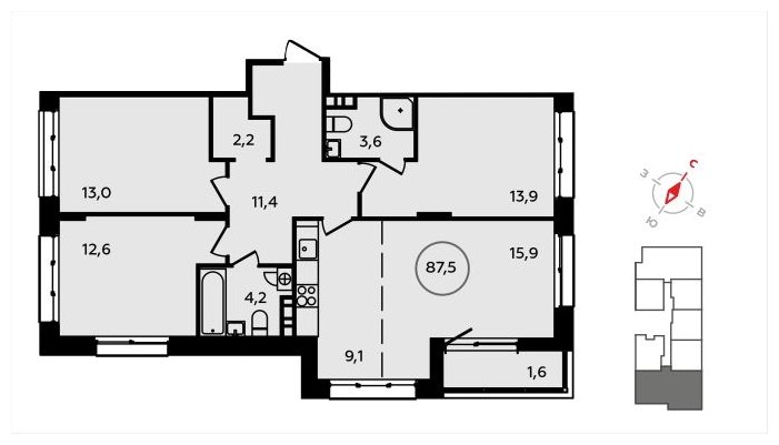 4-комнатная квартира (евро) с частичной отделкой, 87.5 м2, 4 этаж, сдача 3 квартал 2024 г., ЖК Скандинавия, корпус 2.22.3 - объявление 1625562 - фото №1