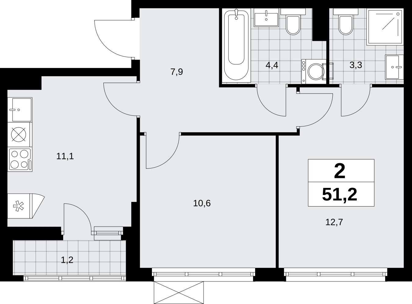 2-комнатная квартира без отделки, 51.2 м2, 9 этаж, сдача 1 квартал 2026 г., ЖК Дзен-кварталы, корпус 6.2.1 - объявление 2328555 - фото №1