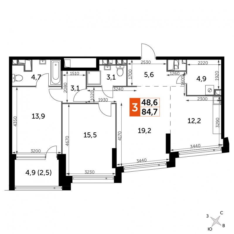 3-комнатная квартира с частичной отделкой, 84.7 м2, 25 этаж, сдача 4 квартал 2024 г., ЖК ROTTERDAM, корпус 2.1 - объявление 1652427 - фото №1
