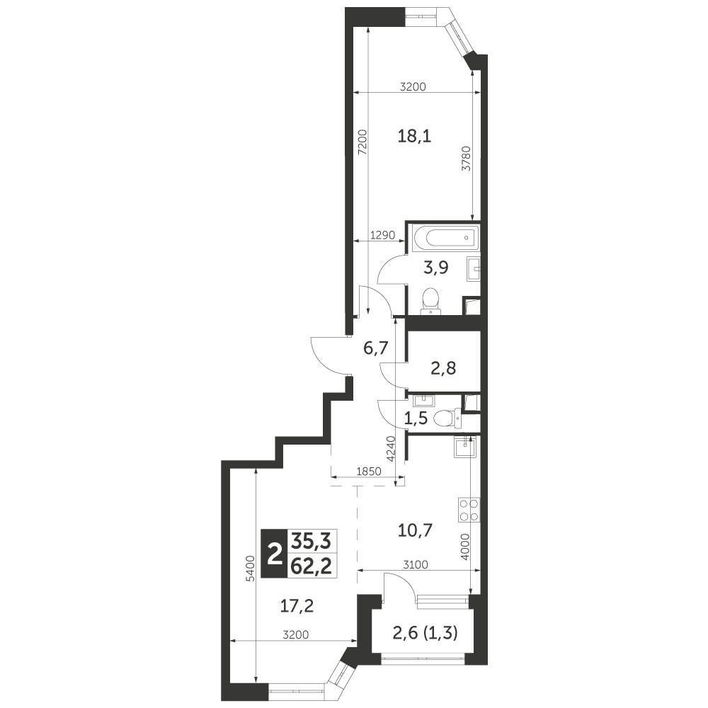 2-комнатная квартира с частичной отделкой, 62.2 м2, 18 этаж, сдача 4 квартал 2023 г., ЖК Архитектор, корпус 3 - объявление 2207411 - фото №1