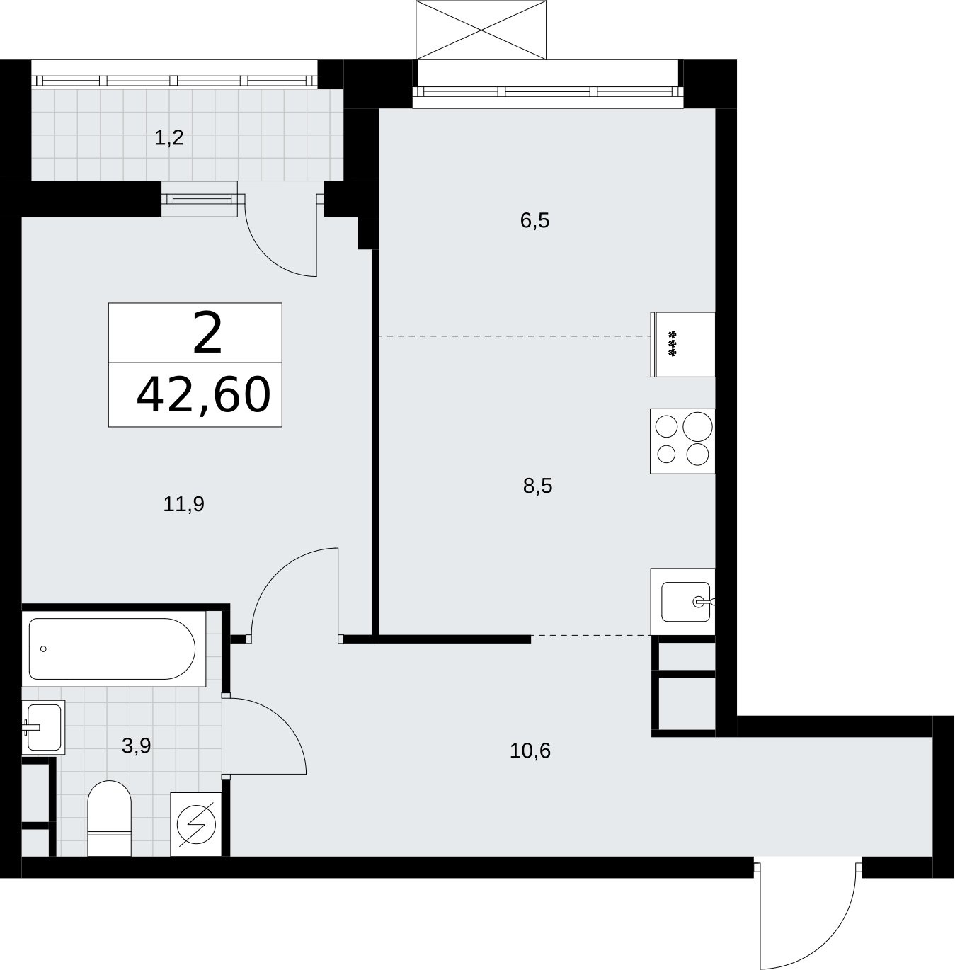 2-комнатная квартира (евро) без отделки, 42.6 м2, 4 этаж, сдача 3 квартал 2026 г., ЖК Родные кварталы, корпус 2 - объявление 2295713 - фото №1