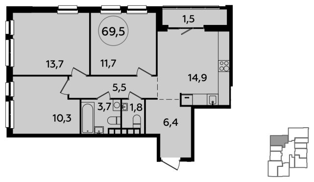 3-комнатная квартира без отделки, 69.5 м2, 20 этаж, сдача 4 квартал 2023 г., ЖК Южные сады, корпус 1.2 - объявление 1512238 - фото №1