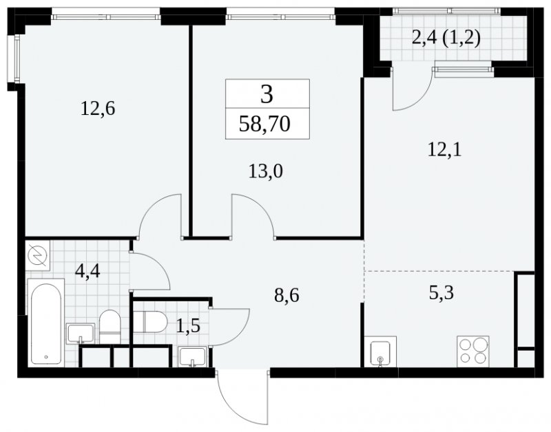 3-комнатная квартира (евро) с частичной отделкой, 58.7 м2, 30 этаж, сдача 2 квартал 2025 г., ЖК Южные сады, корпус 2.2 - объявление 1757685 - фото №1