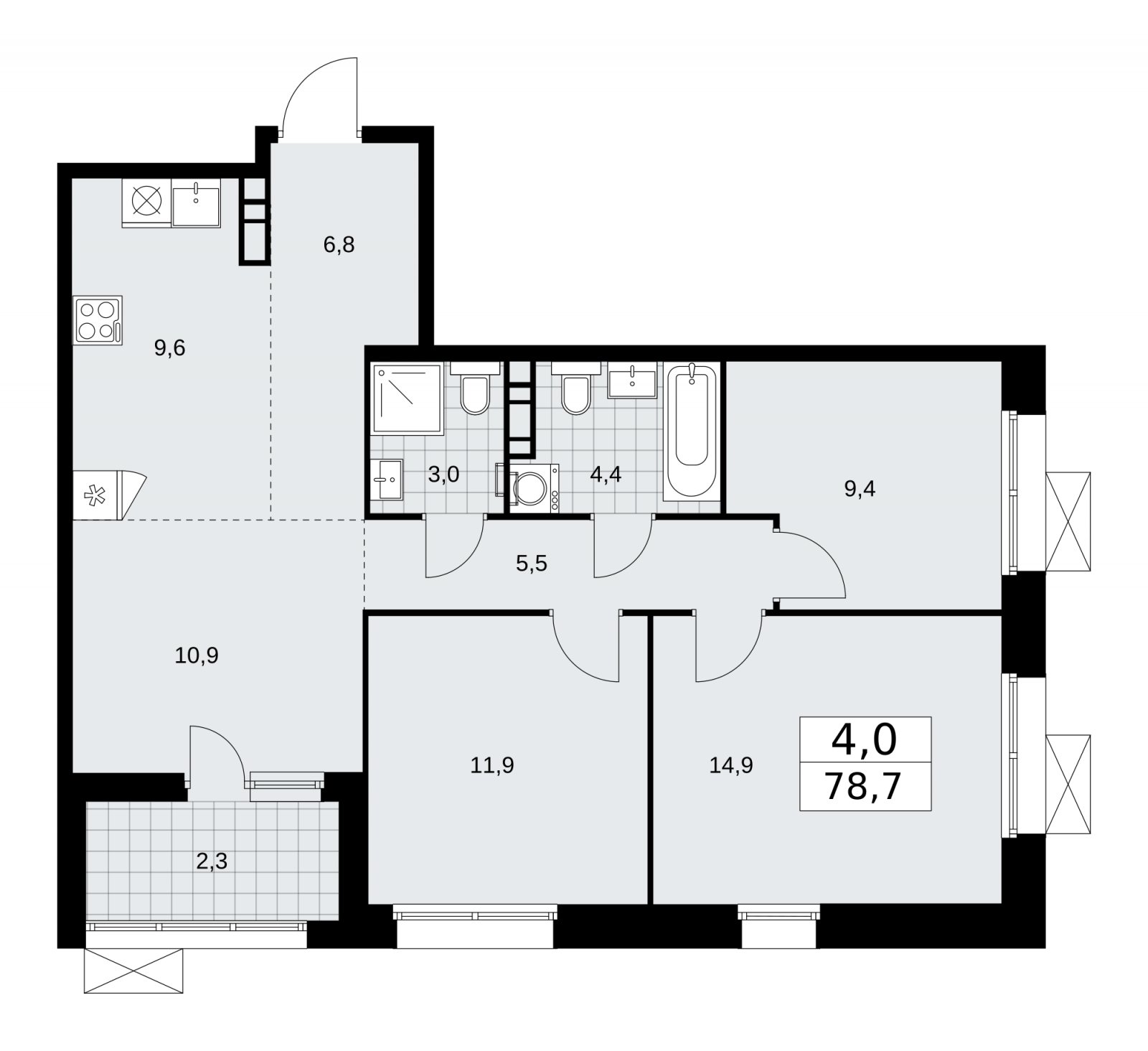 4-комнатная квартира (евро) с частичной отделкой, 78.7 м2, 17 этаж, сдача 1 квартал 2026 г., ЖК Бунинские кварталы, корпус 6.1 - объявление 2252499 - фото №1