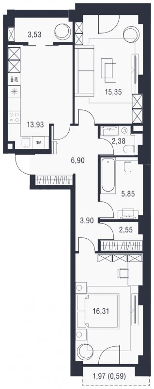 2-комнатная квартира без отделки, 71.29 м2, 3 этаж, сдача 3 квартал 2023 г., ЖК AFI Park Воронцовский, корпус 3 - объявление 1816003 - фото №1