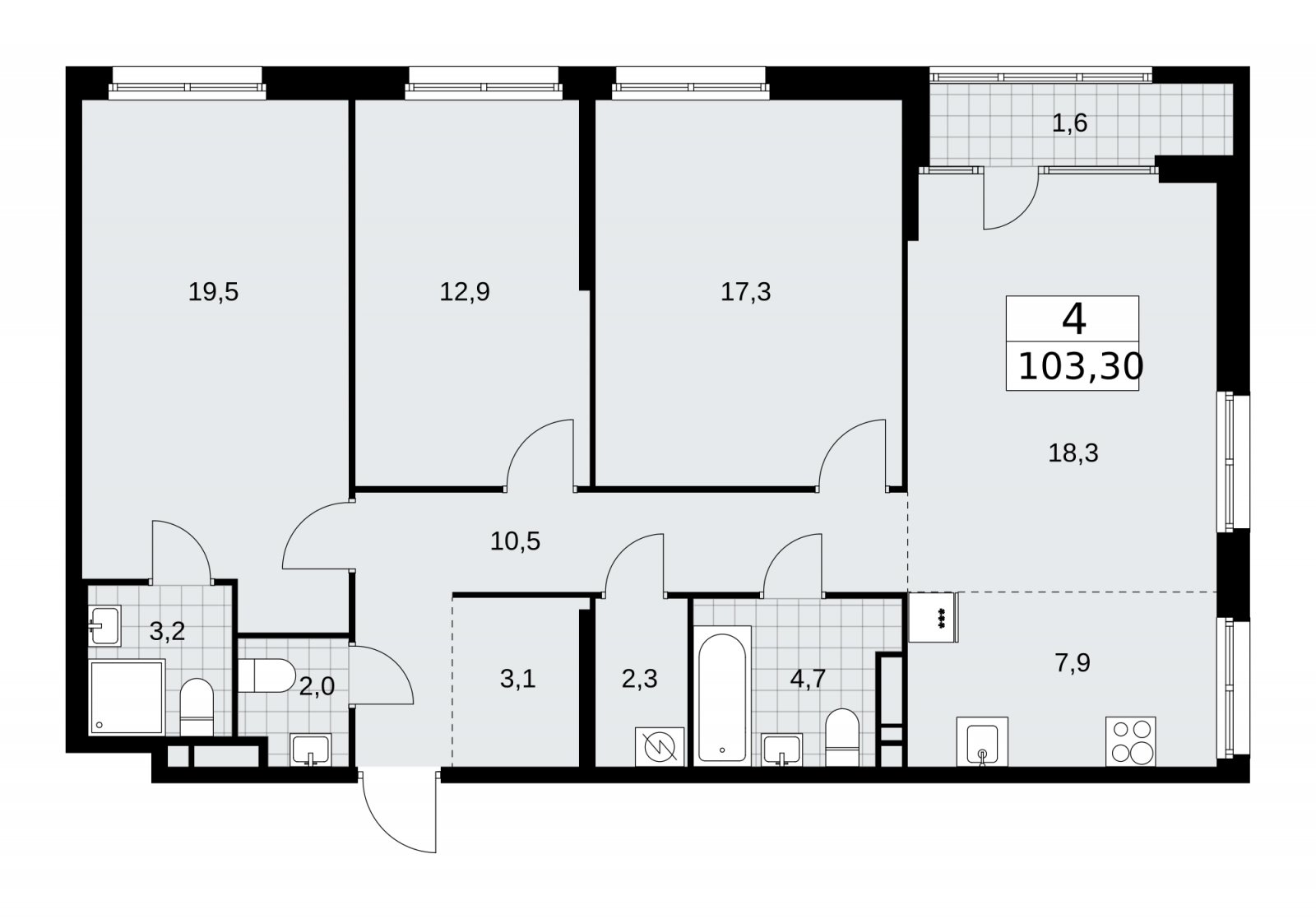 4-комнатная квартира (евро) с частичной отделкой, 103.3 м2, 11 этаж, сдача 1 квартал 2026 г., ЖК Дом на Зорге, корпус 25 - объявление 2221217 - фото №1