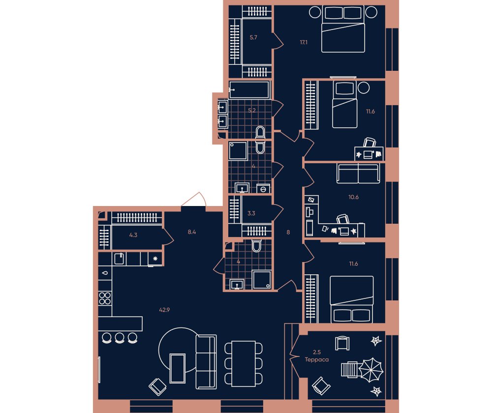 5-комнатная квартира без отделки, 139.2 м2, 25 этаж, сдача 3 квартал 2026 г., ЖК ERA, корпус 1 - объявление 2365944 - фото №1