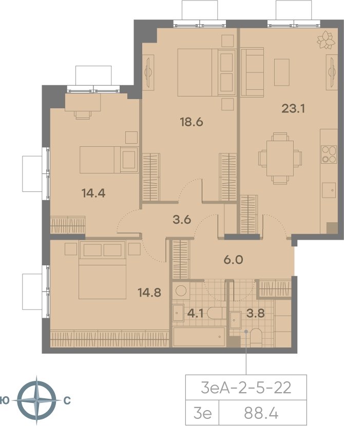 3-комнатная квартира 88.4 м2, 6 этаж, сдача 3 квартал 2025 г., ЖК Парксайд, корпус 1 - объявление 2185162 - фото №1
