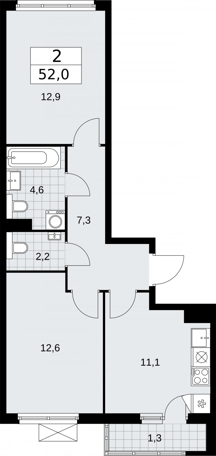 2-комнатная квартира без отделки, 52 м2, 3 этаж, сдача 2 квартал 2026 г., ЖК Бунинские кварталы, корпус 7.3 - объявление 2313755 - фото №1