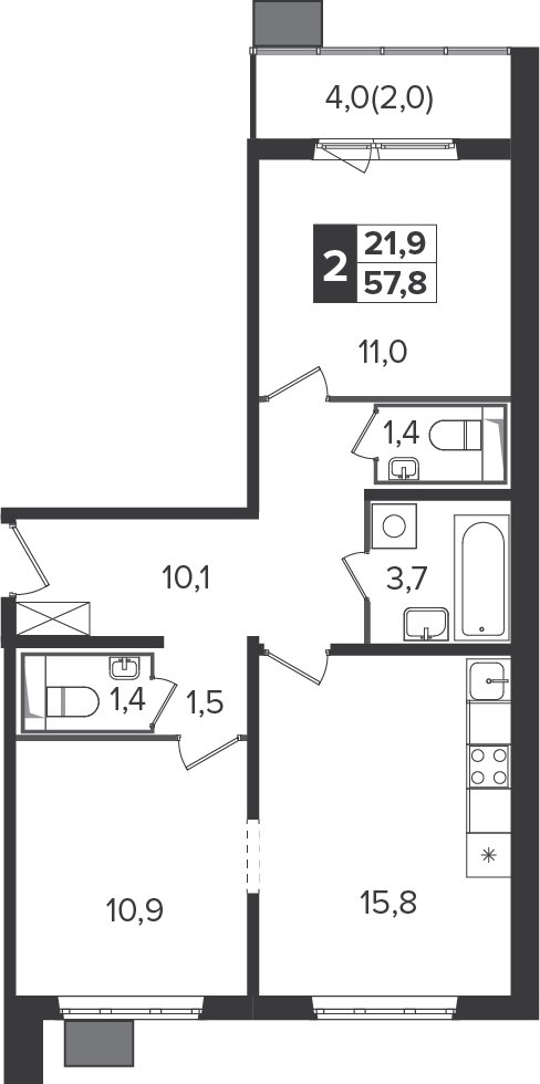 2-комнатная квартира без отделки, 57.4 м2, 18 этаж, дом сдан, ЖК Южная Битца, корпус 6 - объявление 2208278 - фото №1