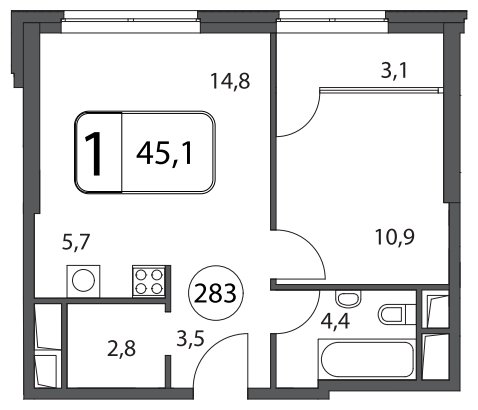 1-комнатная квартира без отделки, 45.1 м2, 19 этаж, дом сдан, ЖК Апарт-Комплекс Волга, корпус 1 - объявление 1569137 - фото №1