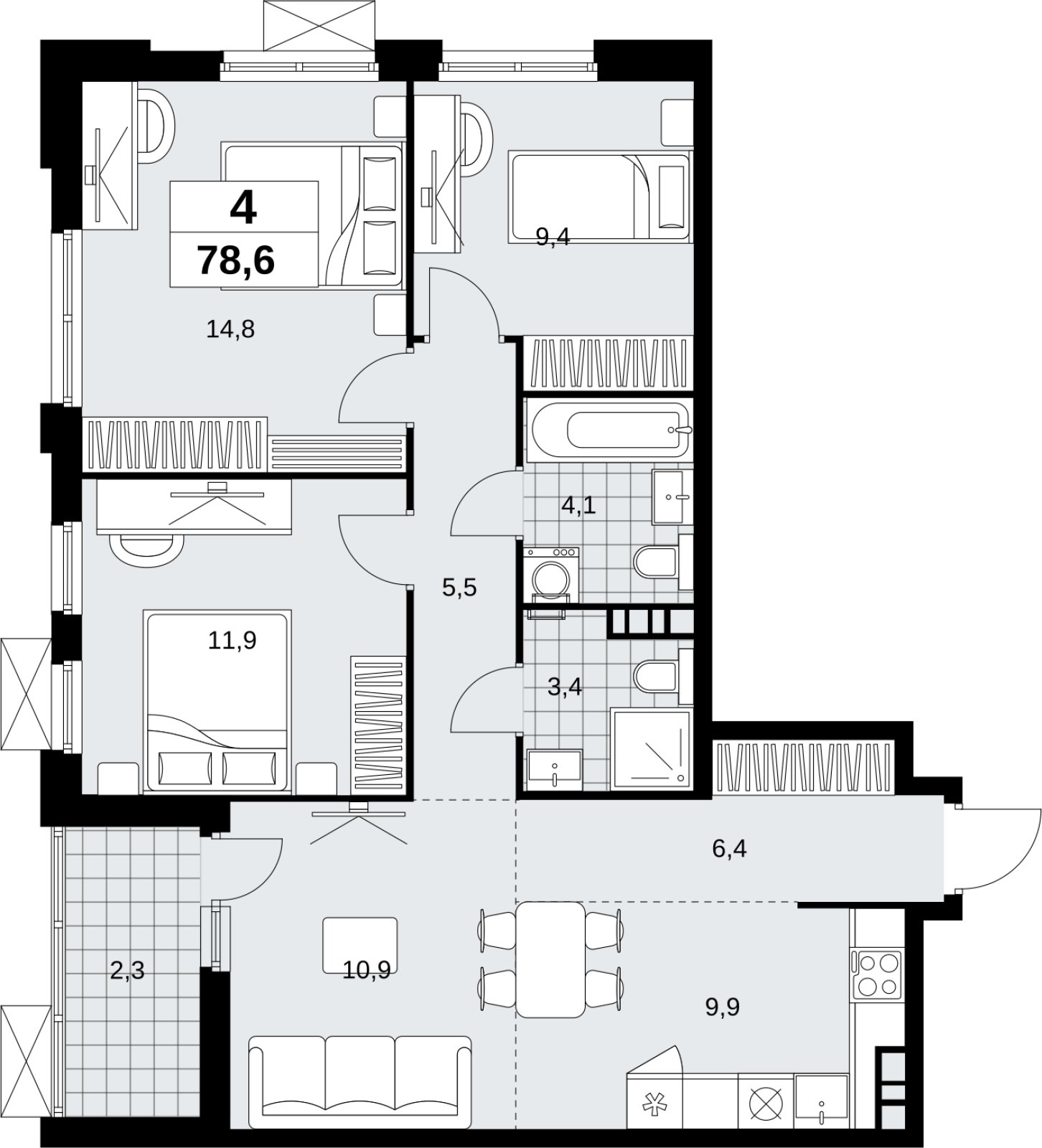 4-комнатная квартира (евро) без отделки, 78.6 м2, 8 этаж, сдача 4 квартал 2026 г., ЖК Скандинавия, корпус 2.18.2.6 - объявление 2351769 - фото №1
