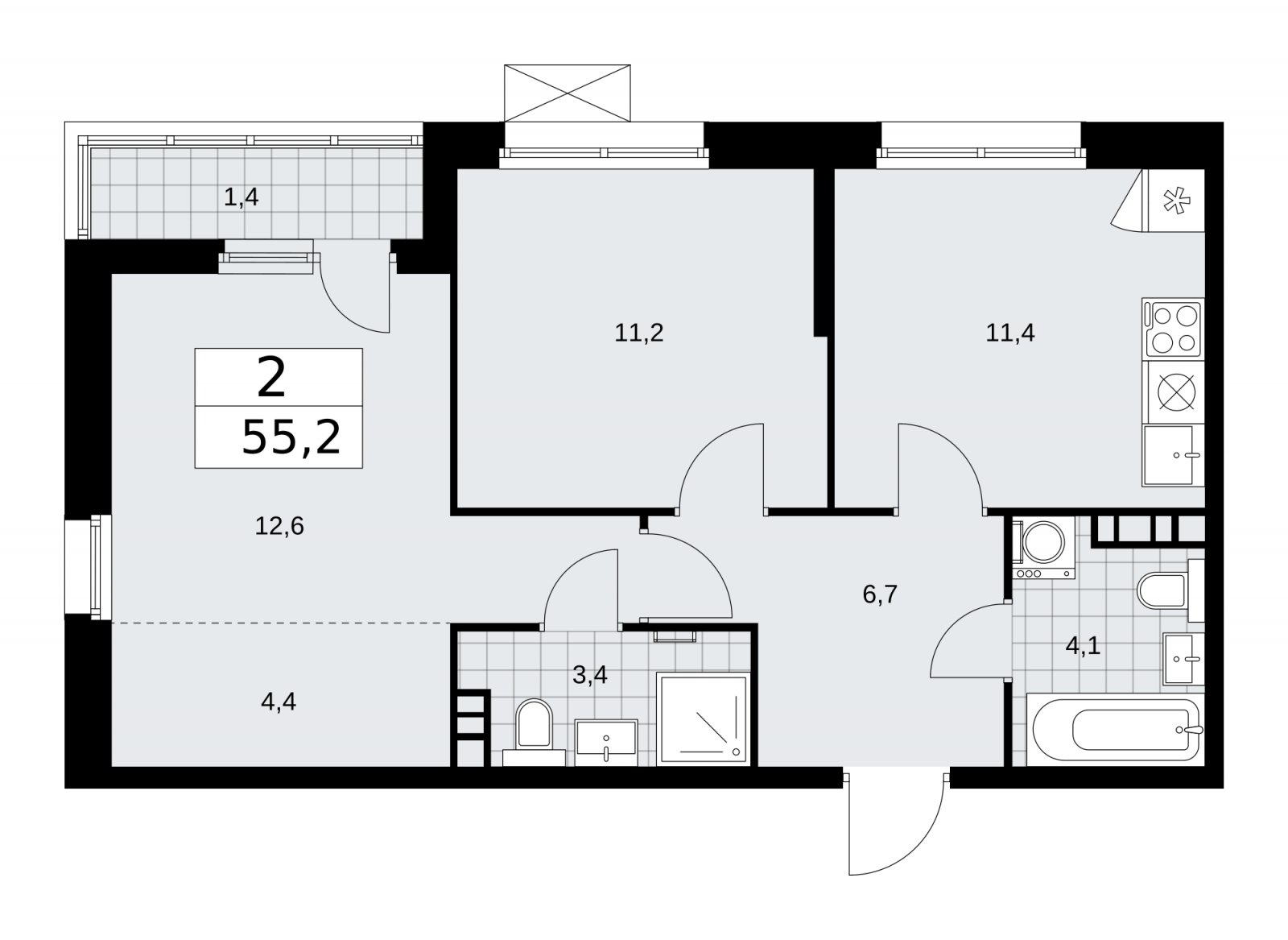 2-комнатная квартира без отделки, 55.2 м2, 4 этаж, сдача 2 квартал 2026 г., ЖК Скандинавия, корпус 25.4 - объявление 2284030 - фото №1