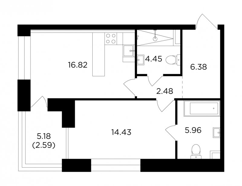 1-комнатная квартира без отделки, 53.11 м2, 7 этаж, сдача 4 квартал 2023 г., ЖК FORIVER, корпус 5 - объявление 1715236 - фото №1