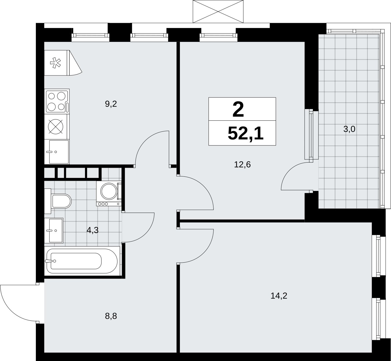2-комнатная квартира без отделки, 52.1 м2, 13 этаж, сдача 4 квартал 2026 г., ЖК Скандинавия, корпус 2.18.1.3 - объявление 2350853 - фото №1