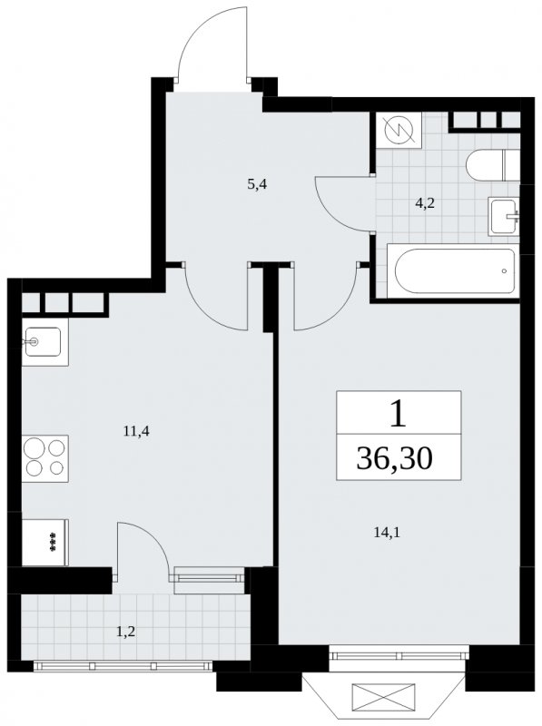 1-комнатная квартира без отделки, 36.3 м2, 6 этаж, сдача 4 квартал 2024 г., ЖК Бунинские кварталы, корпус 1.3 - объявление 1834582 - фото №1