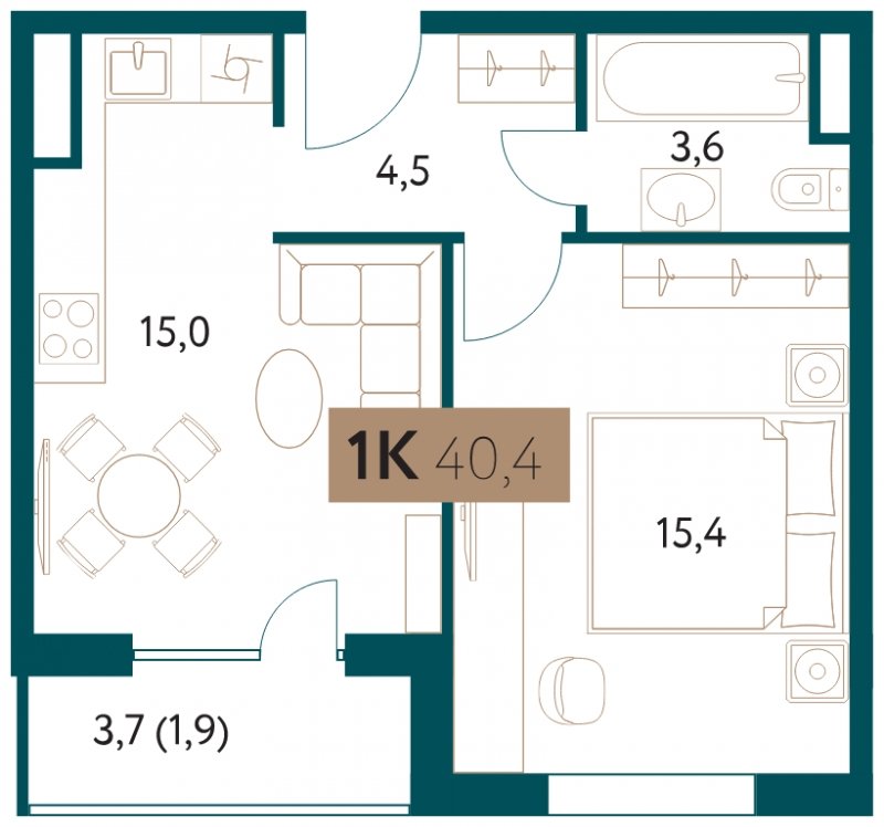 1-комнатная квартира 40.4 м2, 8 этаж, сдача 4 квартал 2022 г., ЖК Настоящее, корпус 1 - объявление 1711401 - фото №1