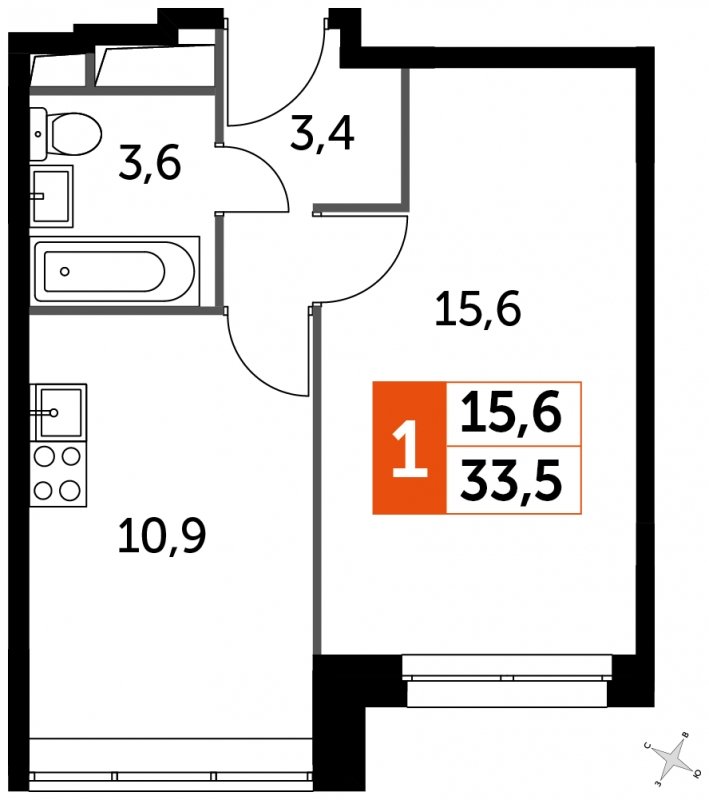 1-комнатная квартира с полной отделкой, 33.5 м2, 3 этаж, дом сдан, ЖК Датский квартал, корпус 2 - объявление 2335323 - фото №1