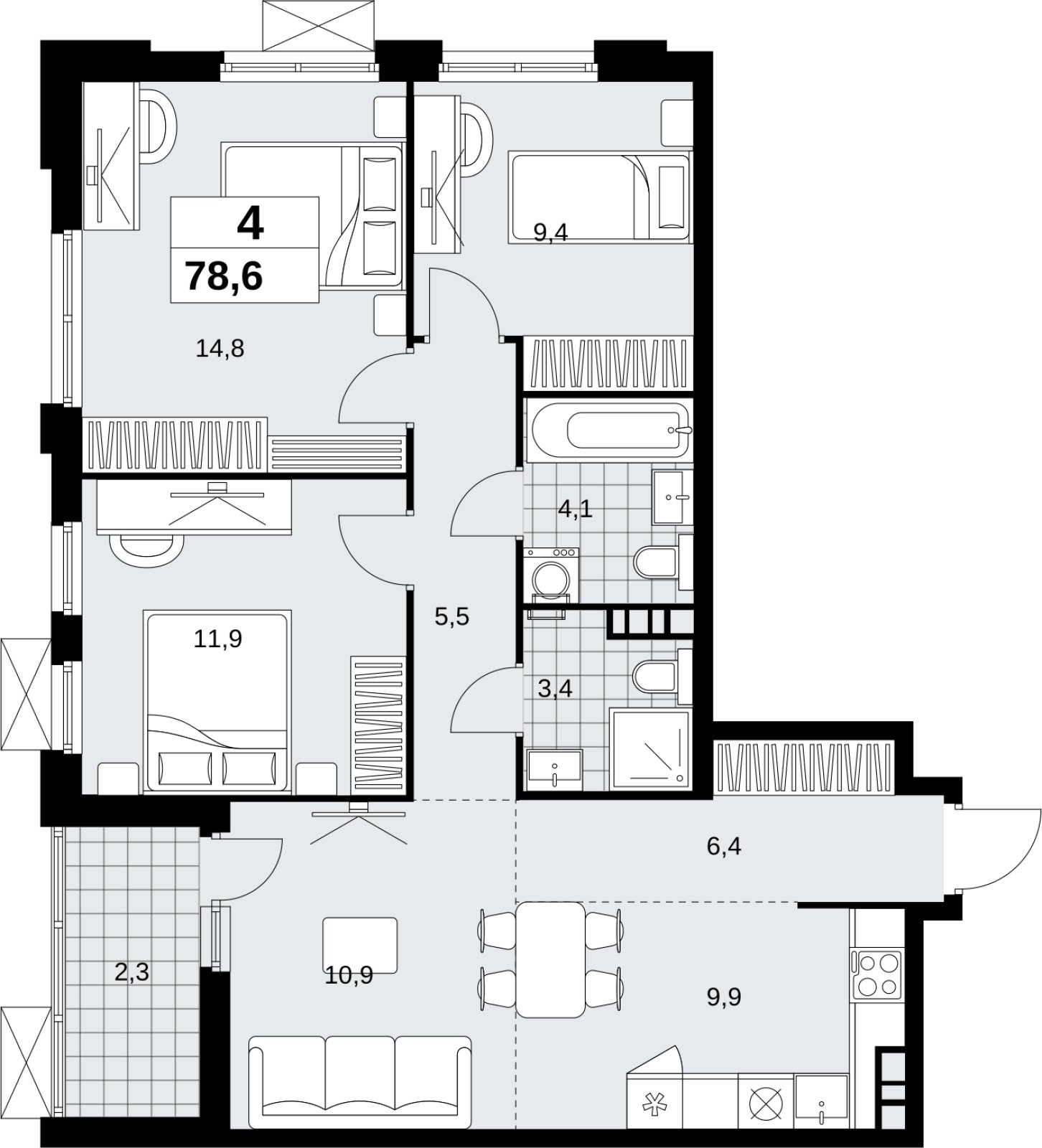 4-комнатная квартира (евро) с полной отделкой, 78.6 м2, 8 этаж, сдача 1 квартал 2027 г., ЖК Скандинавия, корпус 2.18.2.3 - объявление 2351382 - фото №1