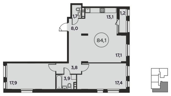 3-комнатная квартира без отделки, 84.1 м2, 13 этаж, дом сдан, ЖК Скандинавия, корпус 2.8.3 - объявление 1712398 - фото №1