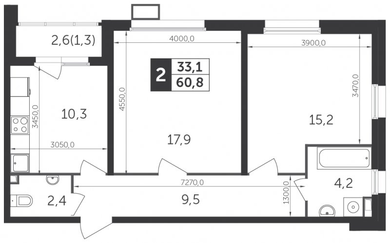 2-комнатная квартира с частичной отделкой, 60.8 м2, 2 этаж, сдача 1 квартал 2022 г., ЖК Датский квартал, корпус 1 - объявление 1329116 - фото №1