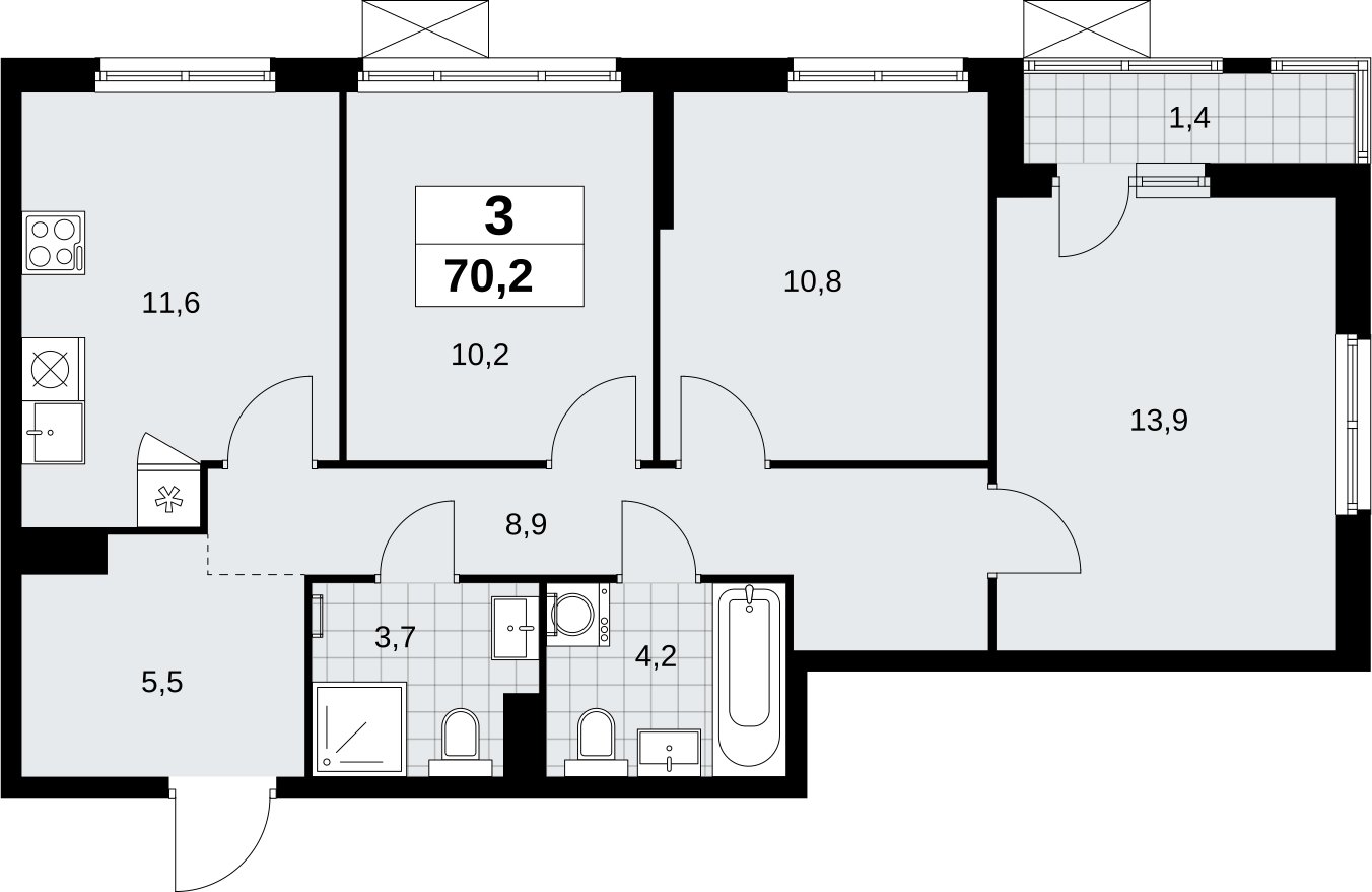 3-комнатная квартира с полной отделкой, 70.2 м2, 4 этаж, сдача 3 квартал 2026 г., ЖК Дзен-кварталы, корпус 6.1.3 - объявление 2327751 - фото №1
