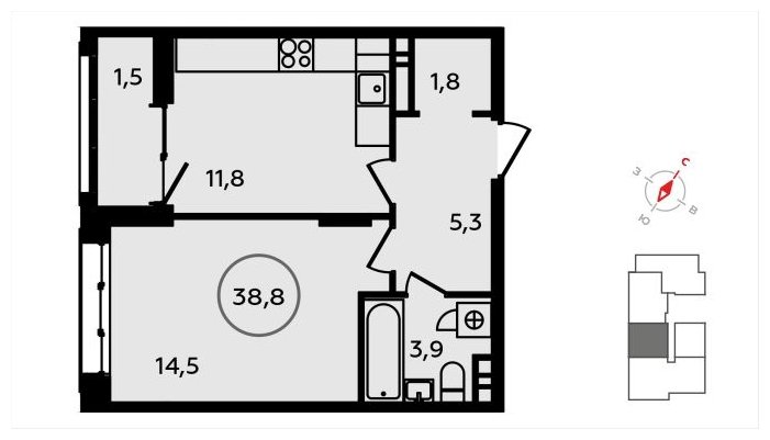 1-комнатная квартира без отделки, 38.8 м2, 8 этаж, сдача 3 квартал 2024 г., ЖК Скандинавия, корпус 2.22.2 - объявление 2354599 - фото №1