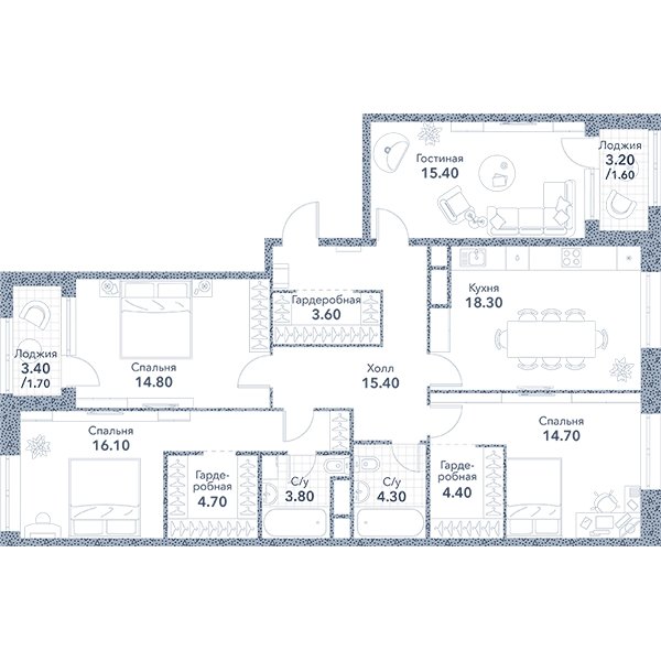 4-комнатная квартира без отделки, 118 м2, 17 этаж, сдача 3 квартал 2023 г., ЖК Серебряный фонтан, корпус 3 - объявление 1983952 - фото №1