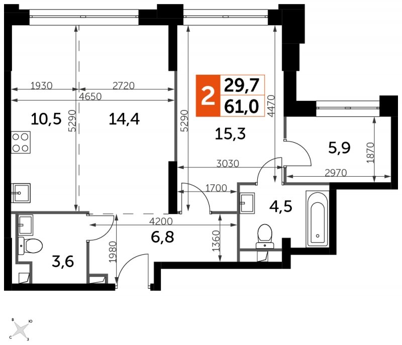 2-комнатная квартира с частичной отделкой, 61 м2, 23 этаж, сдача 1 квартал 2023 г., ЖК Sydney City, корпус 3 - объявление 1569053 - фото №1