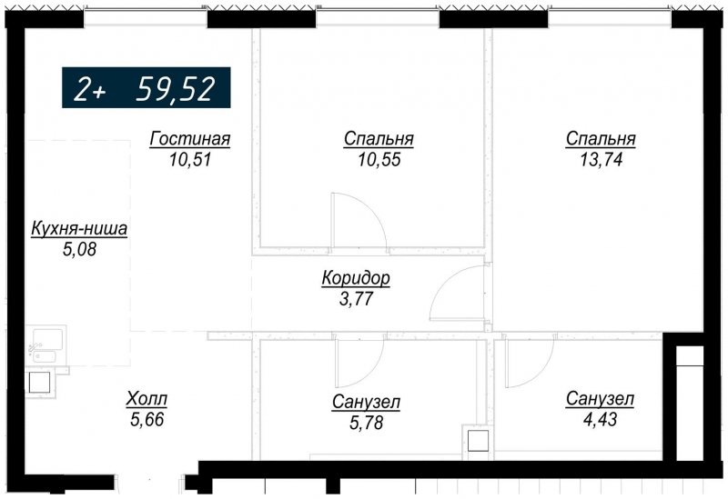 2-комнатная квартира с частичной отделкой, 59.52 м2, 34 этаж, сдача 4 квартал 2022 г., ЖК Селигер Сити, корпус Ван Гог - объявление 1709461 - фото №1