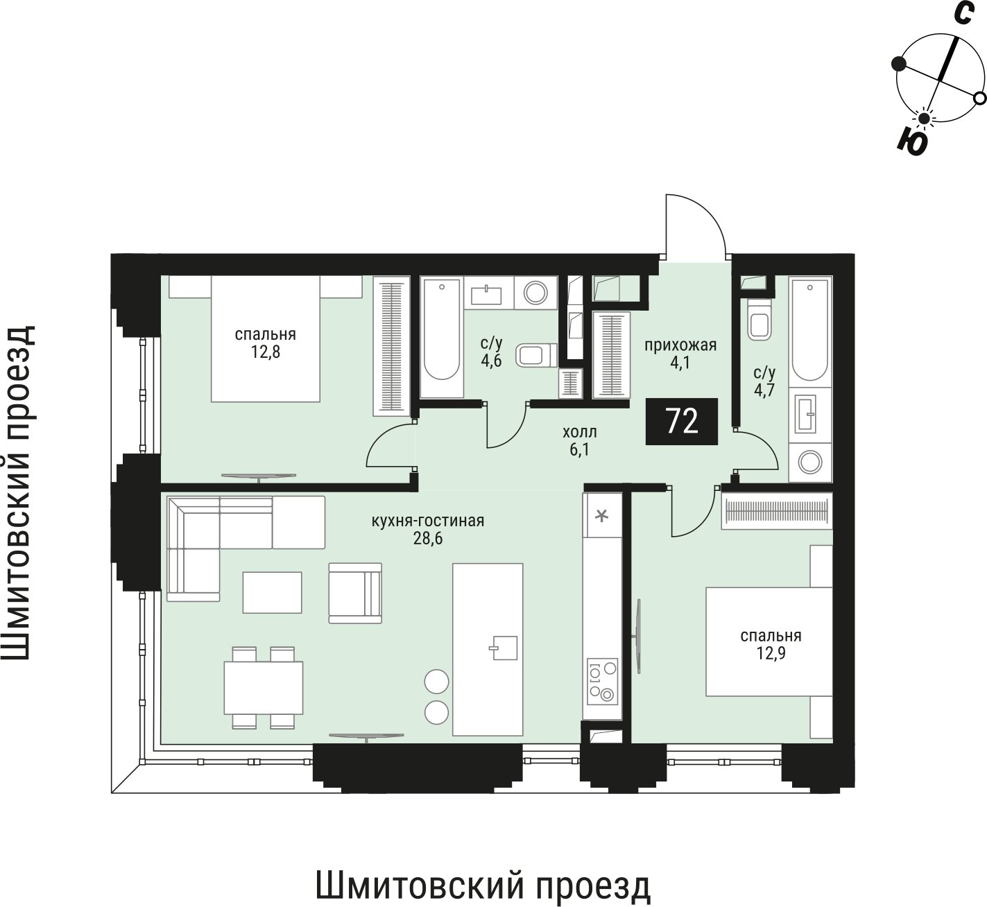 2-комнатная квартира без отделки, 76.3 м2, 7 этаж, сдача 2 квартал 2026 г., ЖК Шелепиха, корпус 1 - объявление 2418625 - фото №1